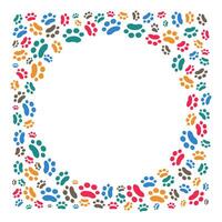 Frame, border of cartoon animal tracks, paw prints by pets, background for print design. Card with place for text. Pet products. Banners with notification about pet. Background isolated. vector