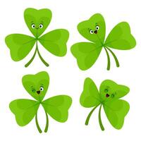 Set of green shamrock leaf characters with eyes and smile vector