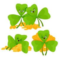 Set of green shamrock leaf characters with eyes and smile and gold coins vector