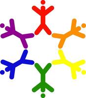 Rainbow stick figures in circle, unity icon showing diverse human figures in vibrant LGBT colors, community and collaboration vector
