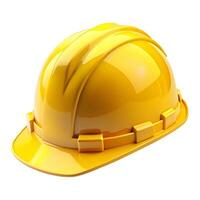 Front view of A new yellow safety helmet isolated on white background. Clipping path. photo