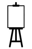 A black and white illustration of an easel with a blank canvas on a tripod stand, set against a plain background. vector