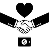Hands shaking with a heart above, symbolizing partnership or agreement. A wallet with dollar sign indicates financial transactions, ideal for charity campaigns, payment theme, or collaborative effort vector
