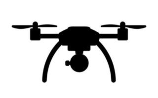 A drone with two propellers, a camera mounted in the middle, and a body structure supporting the camera. Black and white illustration. vector