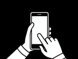 Two hands holding a smartphone, with one hand pointing at the screen, against black background. vector