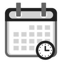 A calendar with a clock on it, representing planning and scheduling events or tasks. Black and white icon for planner or scheduler application. vector