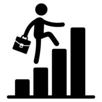 Image of a businessman climbing upward on a bar graph while holding a briefcase. Symbolizes professional progress, career growth, and achievement through determination. vector