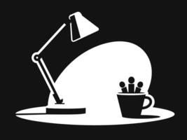 Minimalist illustration depicting a warm workspace with a lamp, desk and coffee cup with people inside. Ideal for branding, design projects and cozy themes. vector