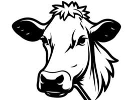 A black and white illustration of a cow's head, featuring the cow with its ears pointed upwards and a small tuft of hair on top of its head. vector