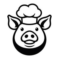 A black and white illustration of a friendly pig wearing a chef's hat. vector