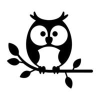 Adorable owl perched on a branch, simple black silhouette illustration. Perfect for children's designs, logos, or whimsical graphics. Ideal for educational materials and creative projects. vector