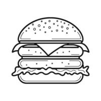 A black and white illustration of a classic cheeseburger with two patties, lettuce, and tomato slices on a bun. The burger has a sesame seed bun and is topped with melted cheese and a slice of tomato vector