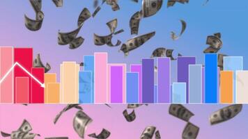 Animation of going downward bar chart falling stock index Graph arrow showing fluctuate trend Tickers Changing Motion Background decline decrease losses money rain video