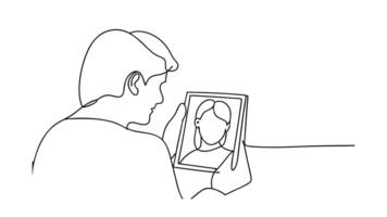 Man Viewing Womans Photo, Digital Frame, Remembrance, Loneliness, Missing, Sadness, Grief, Memory, N vector