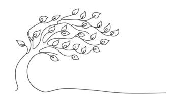 SingleLine Art Windblown Tree, Leaves, Nature, Minimalist, Sketch, Drawing, Elegant, Simple, Design, vector