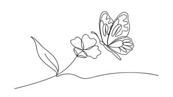 Elegant Butterfly on Flower, Single Line Drawing, Nature Art, Minimalist Design, Botanical Illustrat vector