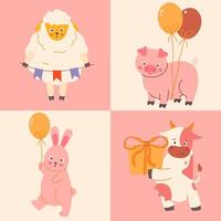 Geometric background with playful animals with balloons and presents vector