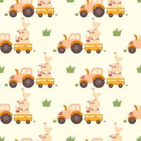 Seamless pattern with tractor with trailer and cute animals vector