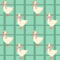 Seamless pattern with cute geese with a bow on a green chequered background vector