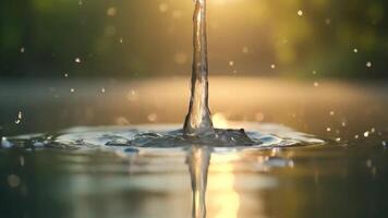 Tranquil Water Surface with Falling Drops Creating Ripples in Golden Light video