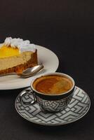 Enjoying a delightful coffee and cheesecake pairing in a cozy setting photo