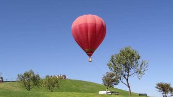 Red hot air balloon floating in a park a sunny day video