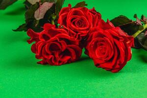 Bright red roses arranged on a vibrant green surface photo