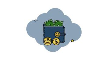 wallet and paper money with gold coins line color animation 2D for investment concept , simple financial or banking symbol animated footage motion video
