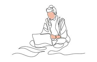 continuous line of a man sitting while typing on a laptop video
