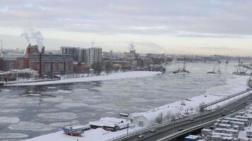 A beautiful Winter River Scene featuring Ice and Snow creating a serene panorama video
