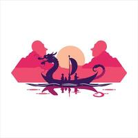 A dragon boat with people on it in front of a sunset vector