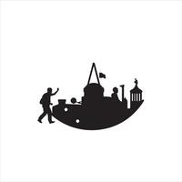 A silhouette of a man standing on a boat with a tower in the background vector
