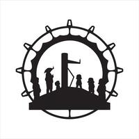 A black and white silhouette of people in front of a wheel vector