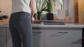 Woman washes a cup in a modern kitchen sink, daily cleaning task. Home maintenance and everyday routine concept video