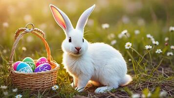 Weiß Hase Sitzung Nächster zu ein Korbweide Korb gefüllt mit bunt Ostern Eier im ein Frühling Wiese video