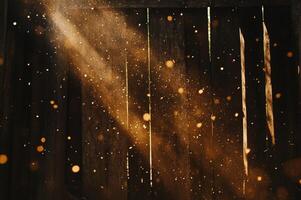 Golden Dust Motes Illuminate Dark Wooden Wall Sunlight Beams Through Gaps Abstract Background photo