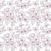 Floral seamless pattern with Sakura outline. Cherry Blossom background. Eco background. Cherry Blossom and greenery hand drawn line art design. Elegant seamless background minimalist style vector