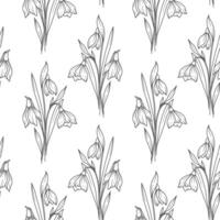 Floral seamless background line art. Snowdrops seamless pattern. Floral background with snowdrops. January birth month flower line art. Botanical Background for wrapping paper, textile vector