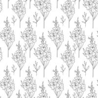 Floral seamless background line art. Gladiolus seamless pattern. Floral background with Gladiolus. August birth month flower line art. Botanical Background for wrapping paper, textile vector