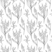 Floral seamless background line art. Lily of the Valley seamless pattern. Floral background with Lily of the Valley. May birth month flower line art. Botanical Background for wrapping paper, textile vector