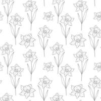Floral seamless background line art. Narcissus seamless pattern. Floral background with Narcissus. December birth month flower line art. Botanical Background for wrapping paper, textile vector