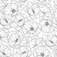 Floral seamless pattern. Line Art Poppies background. Eco friendly background. Poppy flowers and greenery hand drawn line art design. Elegant seamless background endless pattern minimalist style vector