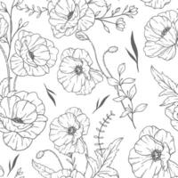 Floral seamless pattern. Outline Poppy background. Eco friendly background. Poppy flowers and greenery hand drawn line art design. Elegant seamless background endless pattern minimalist style vector