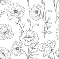 Seamless pattern with poppies. Poppy background. Eco friendly background. Poppy flowers and greenery hand drawn line art design. Elegant seamless background endless pattern minimalist style vector