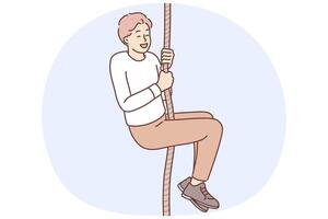 Man climbs up rope rejoicing in own success in achieving new goals or getting rid of fear of heights vector