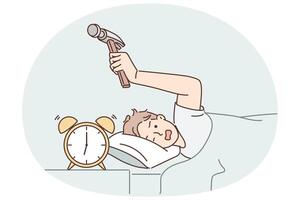 Annoyed man hits alarm clock with hammer not wanting to wake up on day off and go to unloved job vector