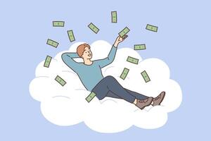 Successful rich man scatters money, lying on cloud, rejoicing in financial independence vector