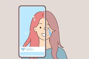 Problem low self-esteem in woman who uses social networks on phone to restore psychological health vector