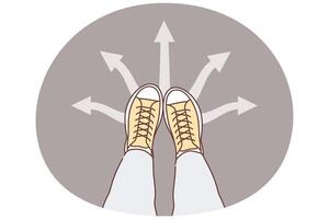 Legs man at crossroads near arrows pointing in different directions, symbolizing uncertainty vector