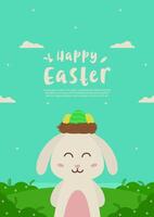 Easter bunny with nest full of colorful eggs on its head. Cute rabbit illustration poster template standing on beautiful meadow and sky vector